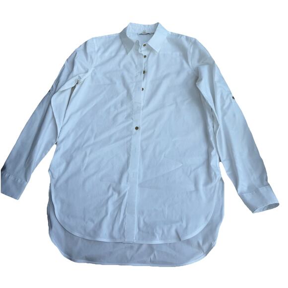 CALVIN KLEIN White Shirt Long-Sleeve Button Front Collared Cuffed Size XS Gold - Picture 2 of 10